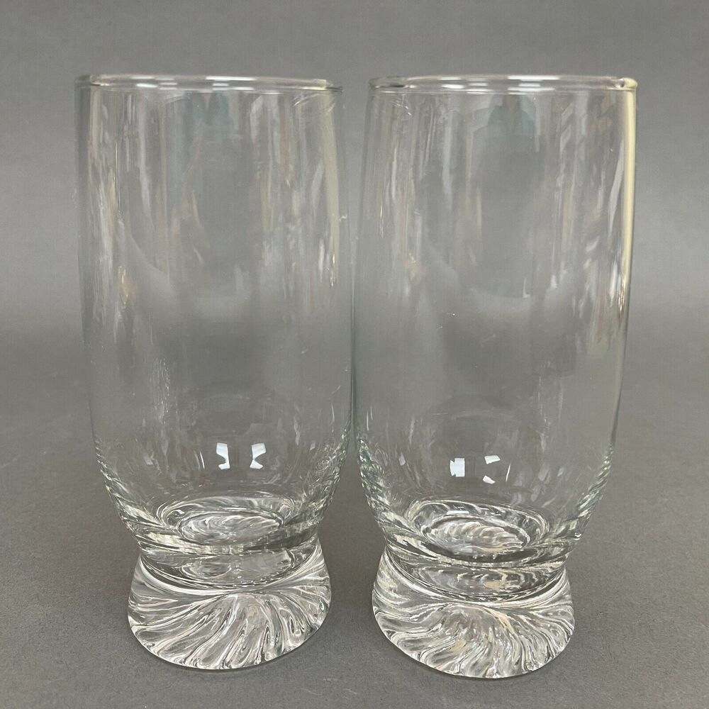 Vintage Highball Clear Glass Glasses Swirl‎ on Heavy Bottom 6 3/8" High Lot of 2